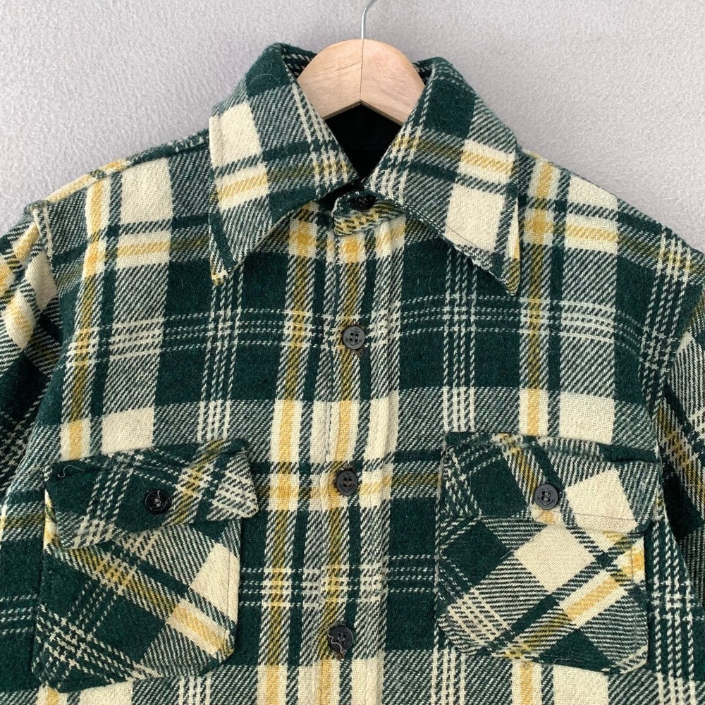 Vintage Wool Linen Flannel Shirt Mens Small Green Plaid Brewster Retro Workwear
